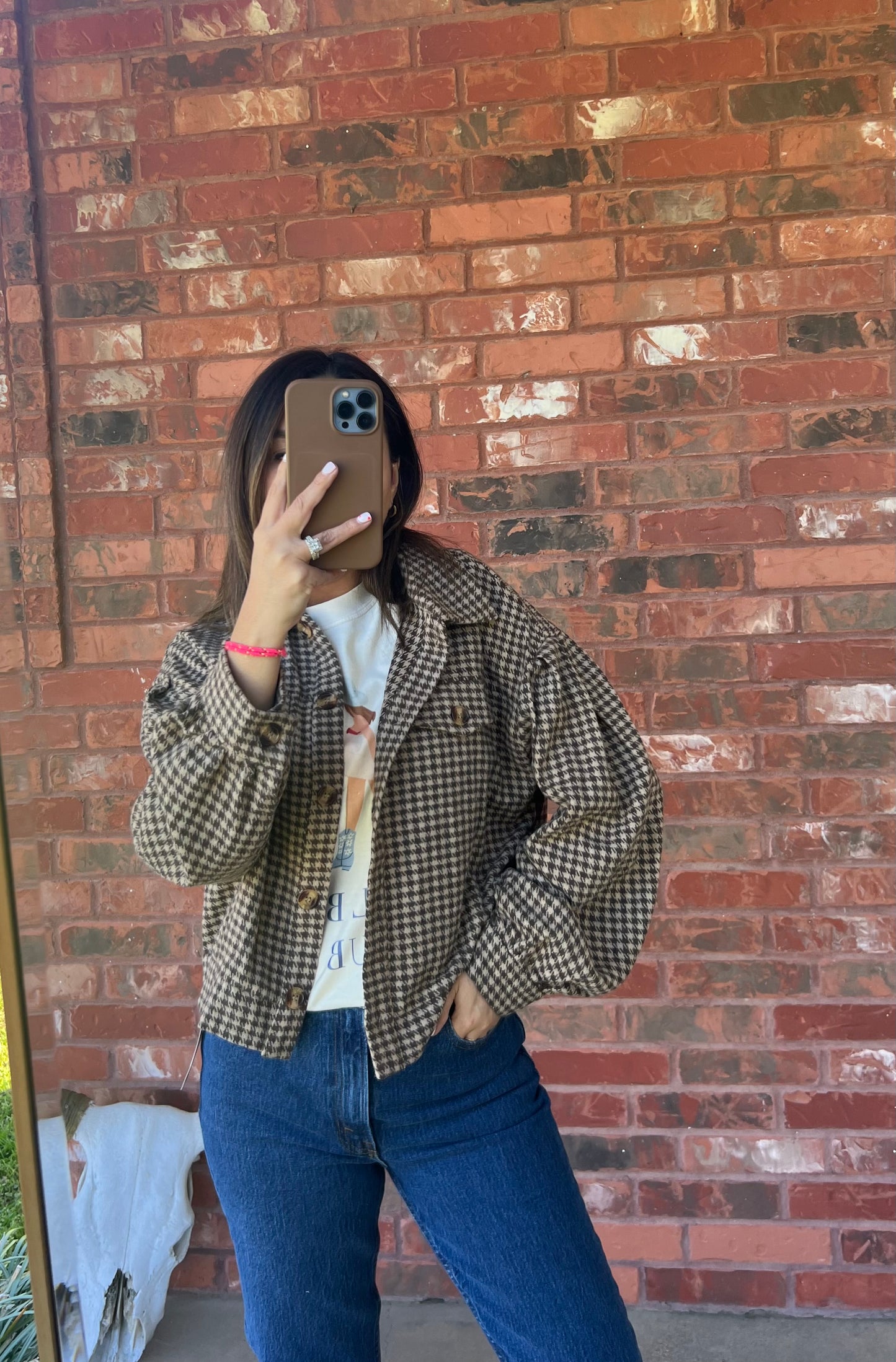 Timeless Houndstooth Pattern Button-Up Cropped Shacket