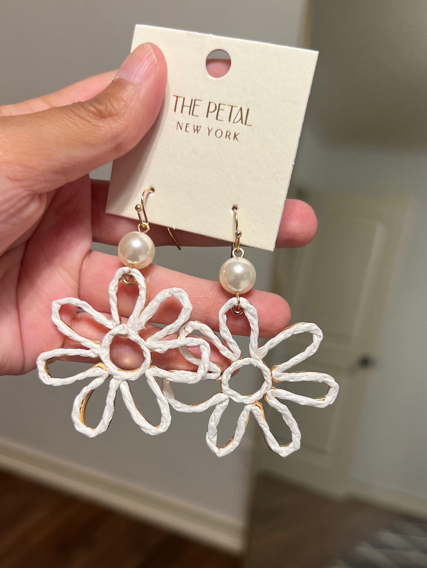 Paper Flower & Pearl Bead Dangle Earrings