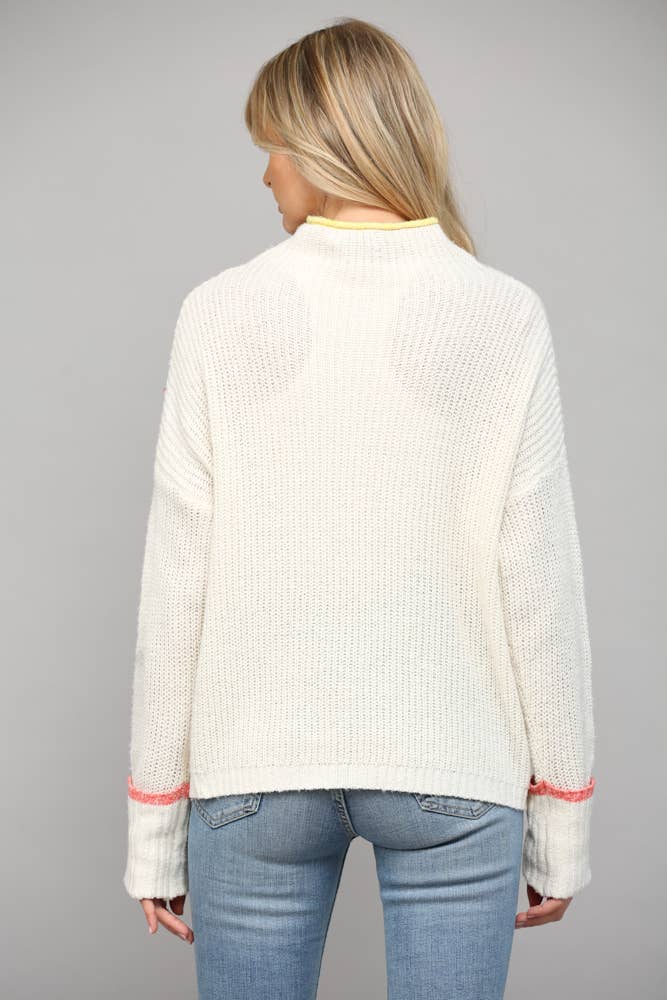 CONTRAST COLOR TIPPED MOCK NECK SWEATER